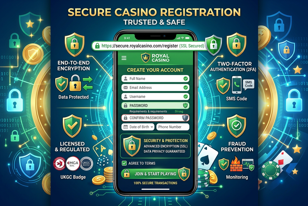 Secure online casino registration process on a mobile phone with encryption icons