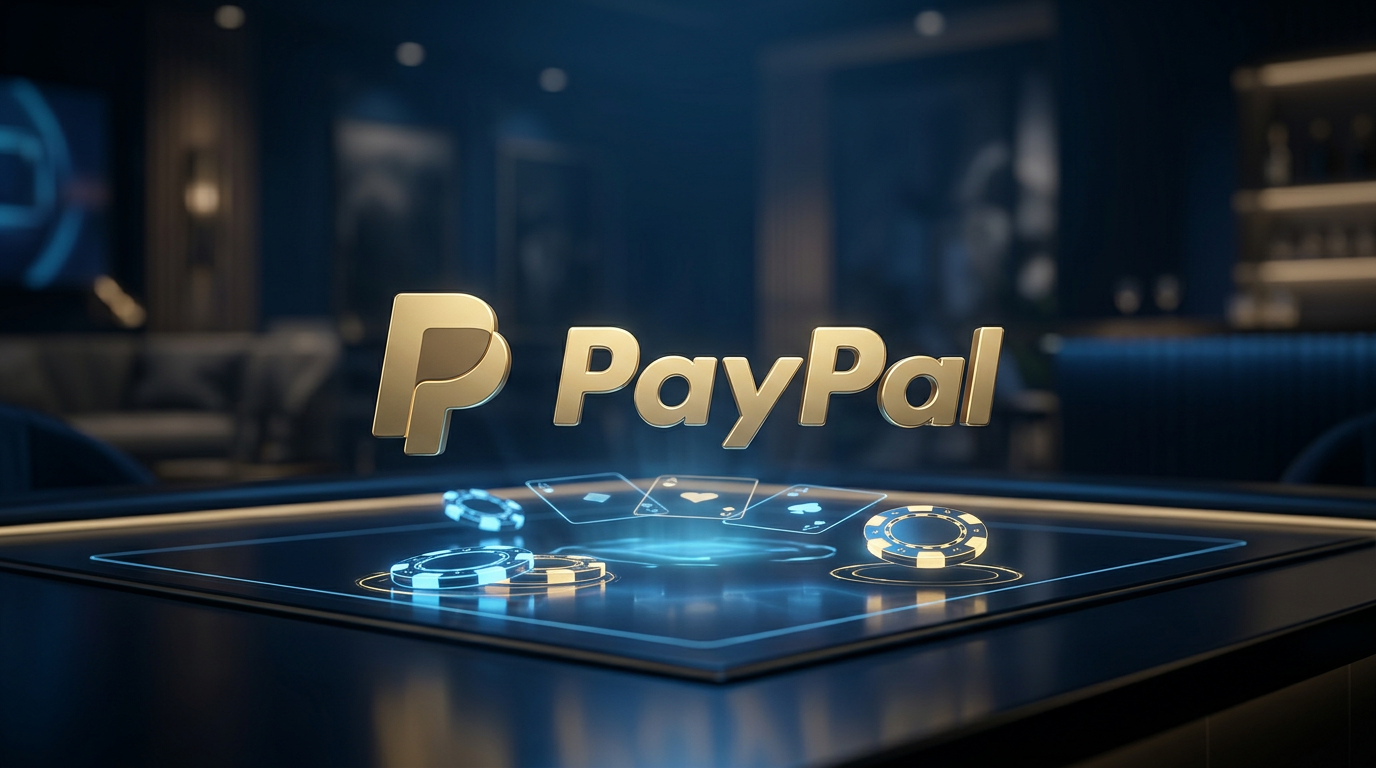 Złote logo PayPal unoszące się nad cyfrowym stołem kasynowym z hologramami żetonów