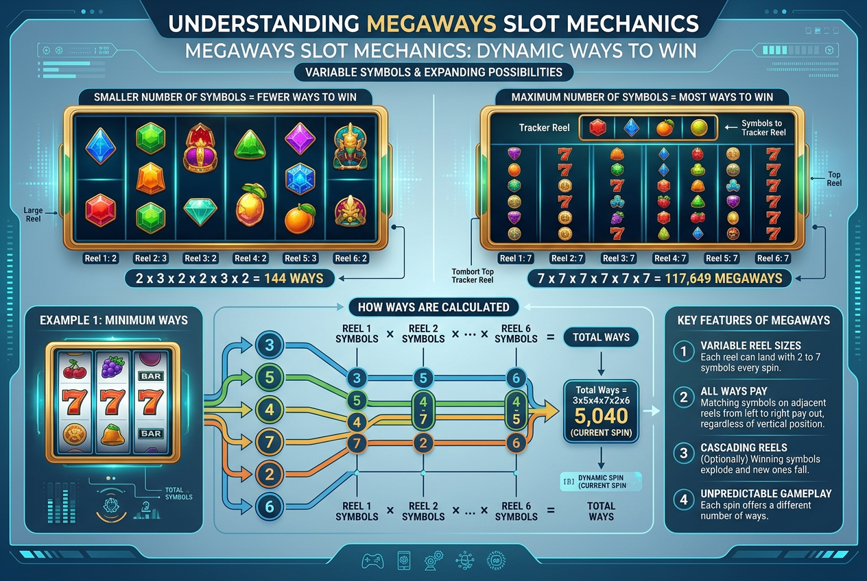 Infografika techniczna wyjaśniająca działanie mechaniki slotów Megaways