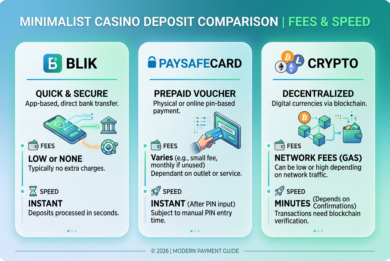 Infografika porównująca metody płatności BLIK, Paysafecard i Krypto w kasynach 2026